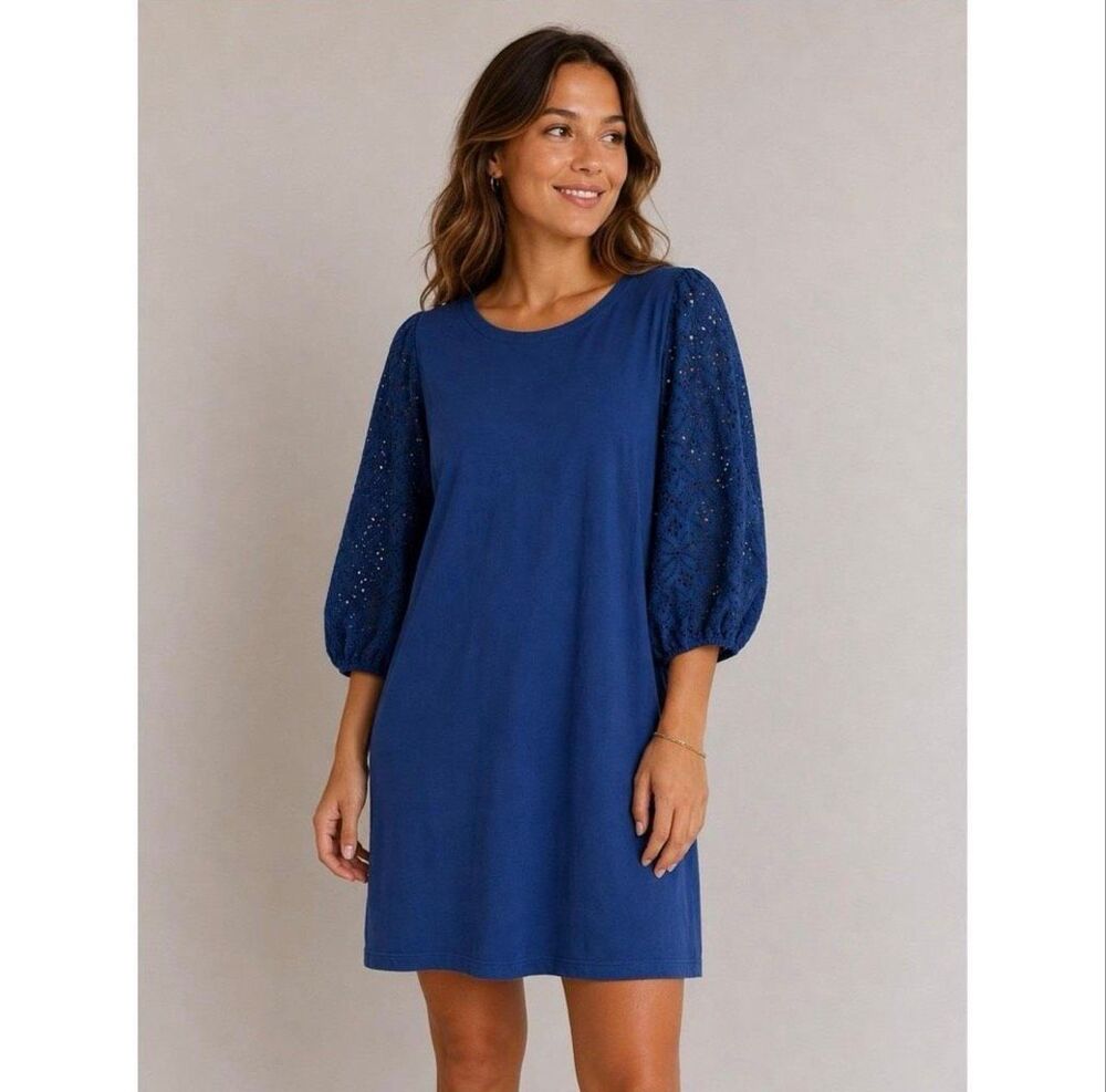 J.Jill Blue Ink Eyelet Sleeve Cotton french terry fabric Dress sz XL NWT $99